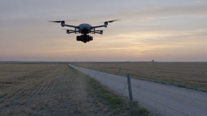 Mapping drone over a South Dakota gravel road at dusk.